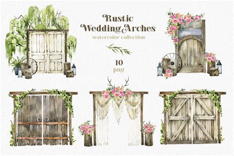 Rustic wedding Arch watercolor clipart, Wooden Barn door