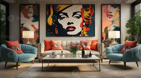 Pop art style interior design of the modern living room with two beige sofas generative ai ...