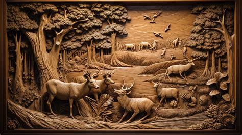 Wood Carving Depicting Some Deer And Animals Background, Wood Carved Picture, Wood, Carved ...