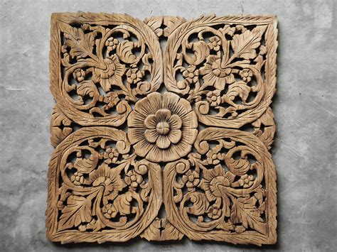 Thai Oriental Lotus Carved Wood Wall Art Decor