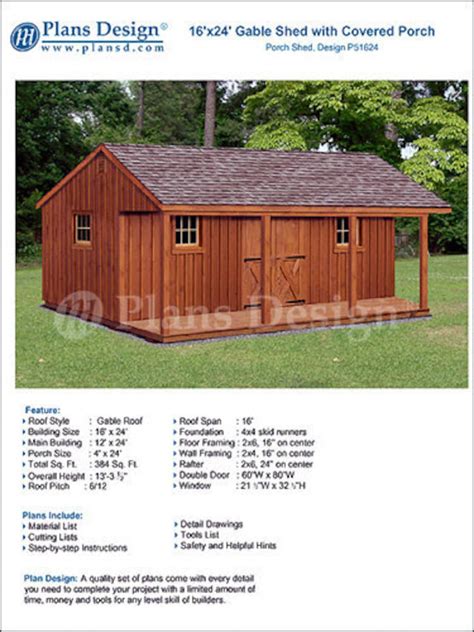 16' X 24' Shed With Porch, Guest House, Cottage or Cabin Building Plans, Material List Included ...