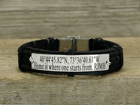 Latitude Longitude Bracelet for Him, Mens Bracelets Leather and Steel