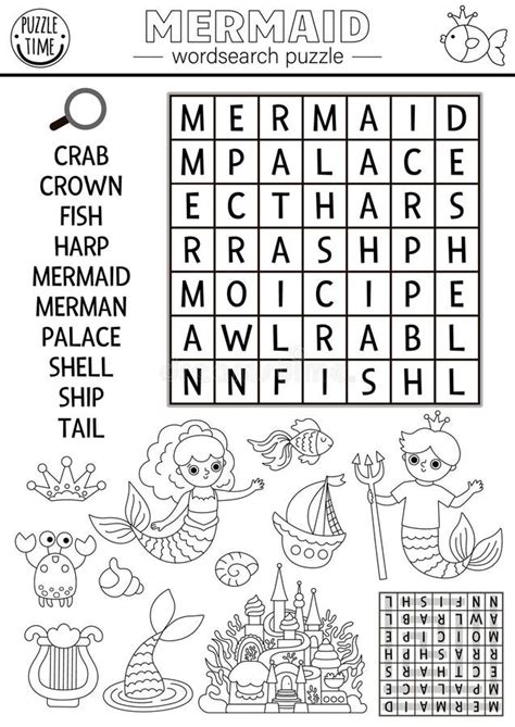 Vector Mermaid Black and White Wordsearch Puzzle for Kids. Marine Word ...