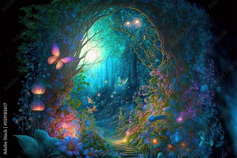 Fantasy fairy tale background. Fantasy enchanted forest with magical luminous plants, built ...