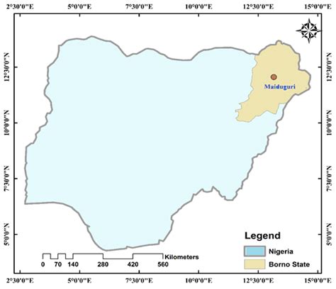 Map of Nigeria showing Borno State and the capital, Maiduguri ...