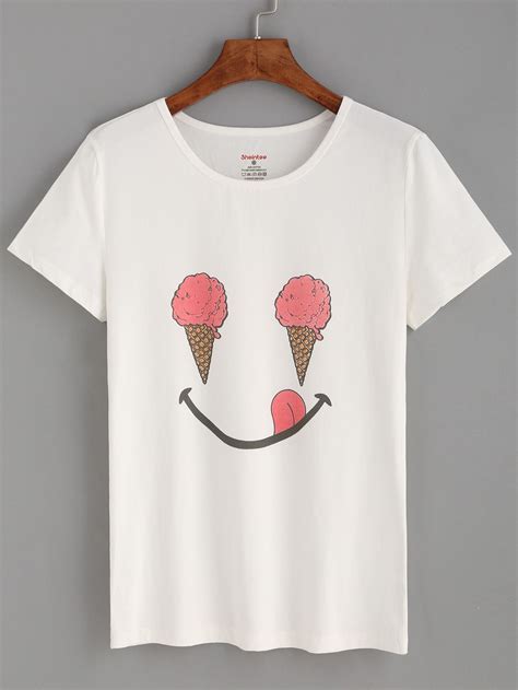 White Ice Cream Print T-shirt Ice Cream Print, Cream T Shirts, Hand Embroidery Flowers, White ...