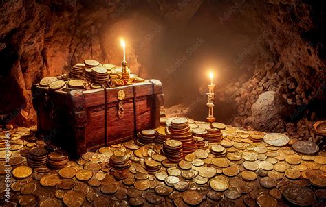 Old pirate treasure chest hidden in a cave, many gold coins and lights ...