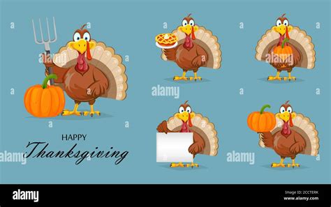 Happy Thanksgiving Day. Funny Thanksgiving Turkey bird, set of five poses. Vector illustration ...