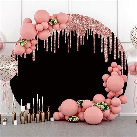 Pink Glitter And Black Round Birthday Party Backdrop | Pink birthday ...