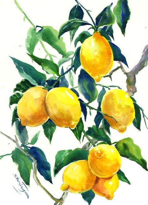 Lemon Tree art, Kitchen Artwork, Lemon Tree, original-one of a kind watercolor painting, yellow ...