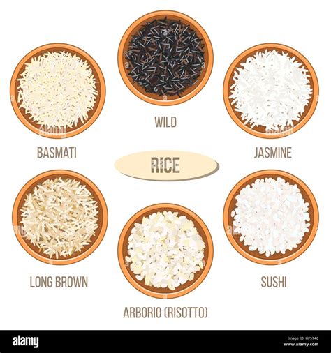 Different types of rice in ceramic bowls. Basmati, wild, jasmine, long ...