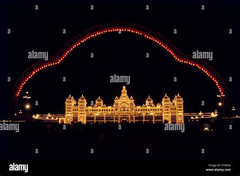 Mysore palace illuminated during Dasara ; Dussera ; Karnataka ; India ...