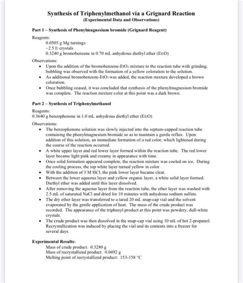 Solved Synthesis of Triphenylmethanol via a Grignard | Chegg.com