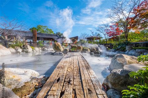 Beppu, Japan - Nov 25 2022: Oniishibozu Jigoku hot spring in Beppu, Oita. The town is famous for ...