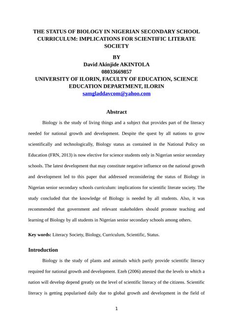 (PDF) THE STATUS OF BIOLOGY IN NIGERIAN SECONDARY SCHOOL CURRICULUM: IMPLICATIONS FOR SCIENTIFIC ...