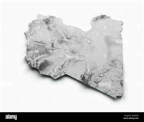 A 3D grayscale rendering of the Libya topographic map on a white ...