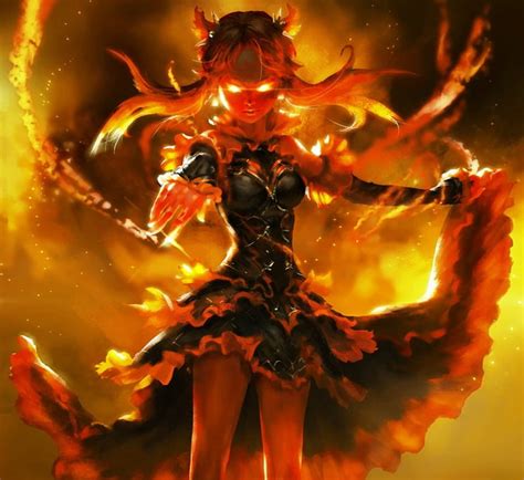 Fire Demon, red, pretty, dress, orange, yellow, bonito, horns, beauty ...