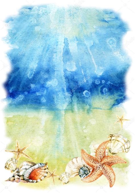 Watercolor sea bottom illustration with sea shells and starfishes — Stock Photo © Tetiana ...