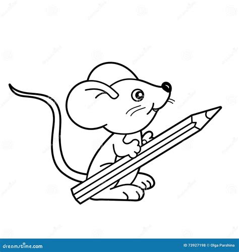 Coloring Page Outline of Cartoon Little Mouse with Pencil. Coloring ...