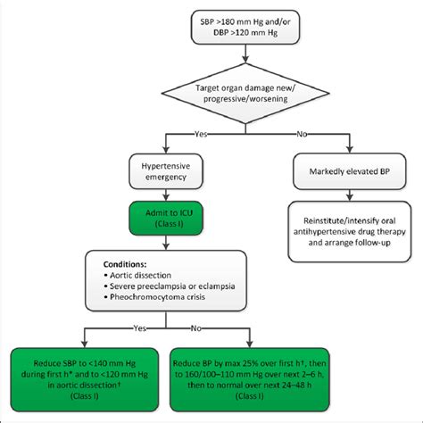 Diagnosis and management of a hypertensive crisis. Colors correspond to ...