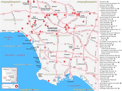 Los Angeles map - LA, California location map showing major landmarks ...