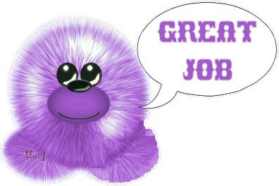 a purple furry creature with a speech bubble saying great job