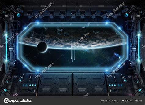 Dark spaceship interior with large window view 3D rendering Stock Photo by ©sdecoret 263867036