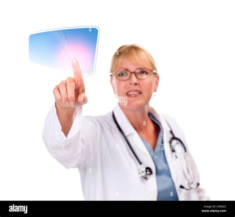 Attractive Female Doctor or Surgeon Touching Button on Touch Screen Stock Photo - Alamy