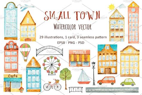 Watercolor small town. | Watercolor, Illustration, House illustration