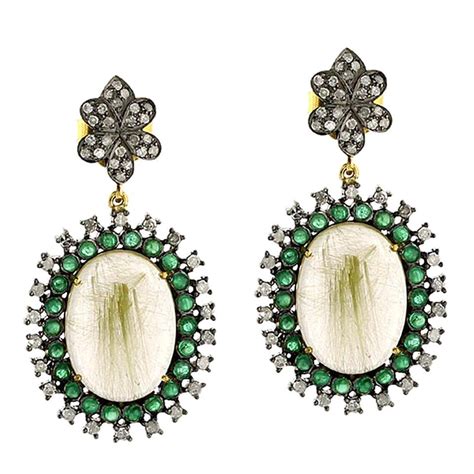 Alexandra Mor Black Rutilated Quartz Moonstone Green Opal Diamond Arch Earrings For Sale at 1stDibs