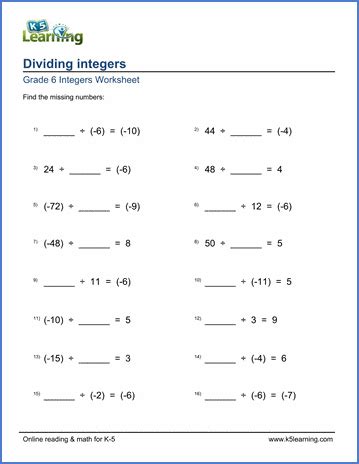 Integer Division Worksheet