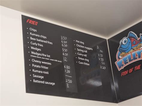 Menu at Kelly's Seafood restaurant, Waihi