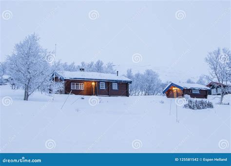 Winter Log Cabins in Snow Landscape in Norway Stock Photo - Image of ...