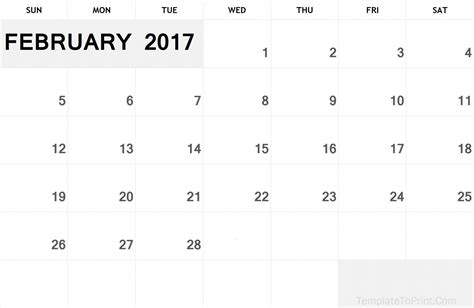 Printable Calendar February 2017 Template PDF | Feb 2017 Calendar