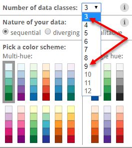 ColorBrewer class selection with a cap of nine for sequential data ...