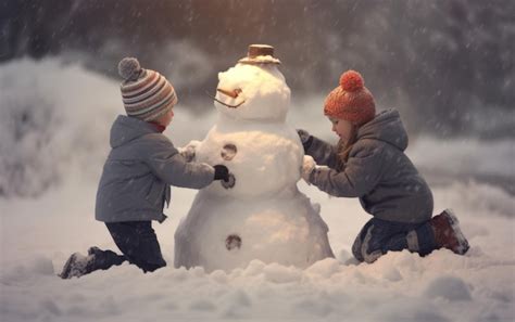 Premium Photo | Little children building snowman