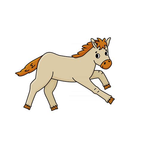 Profile Side view of a brown white beige baby horse foal Cute outline vector cartoon animal runs ...