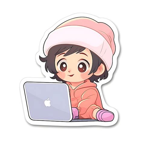 Premium AI Image | A Sticker of a Toddler Using a Laptop Anime S Creative Design Bold Line Cute ...