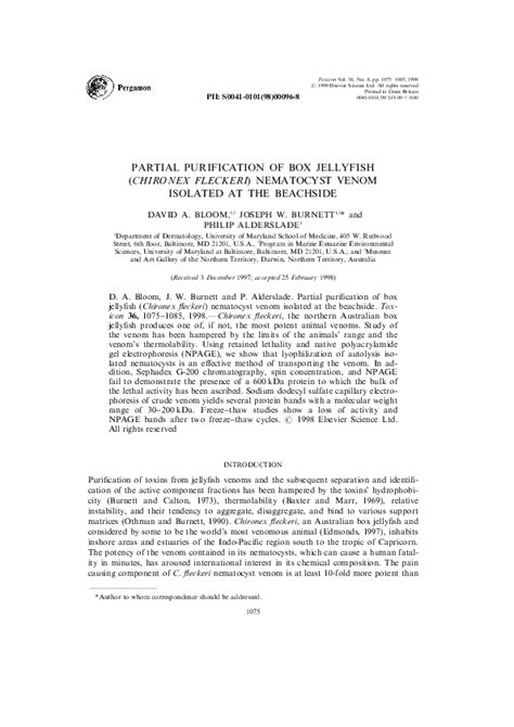 (PDF) Partial purification of box jellyfish (Chironex fleckeri) nematocyst venom isolated at the ...