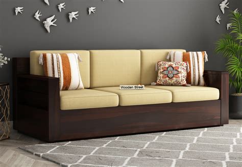 Buy Marriott 3 Seater Wooden Sofa (Walnut Finish, Irish Cream) Online ...