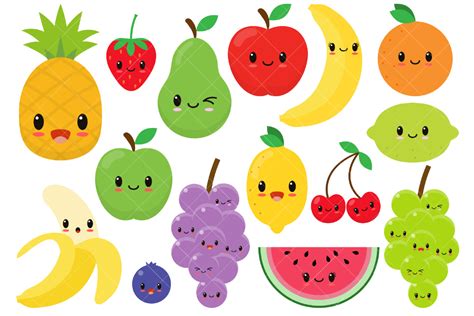 Kawaii Fruit / Cute Fruit Clipart / Happy Fruit Clip Art (444425) | Illustrations | Design Bundles