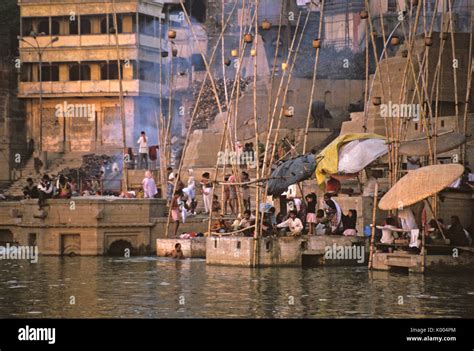 Cremation ghat at the Ganges River, Varanasi (Benares, Banaras, Kashi ...