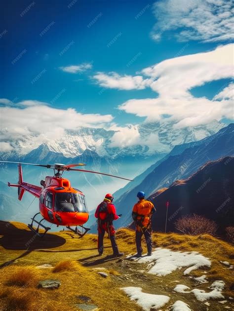 Premium Photo | Rescuers waiting for the helicopter landing in the mountains amazing sky over ...