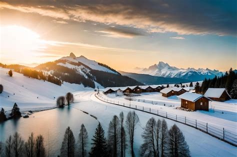 Premium AI Image | A snowy landscape with a small village and mountains in the background.