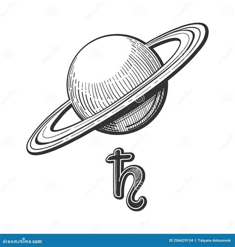 Planet Saturn with Rings with Astrological Sign, Linear Hand Drawing ...