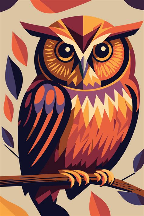 owl cartoon flat color vector poster. abstract owl wall art print ...