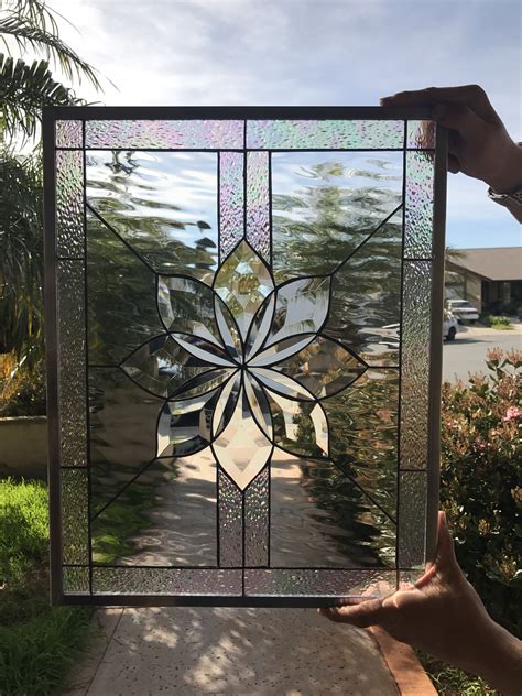 The "Irvine" Beveled Flower Leaded Stained Glass Window Panel - StainedGlassWindows.com