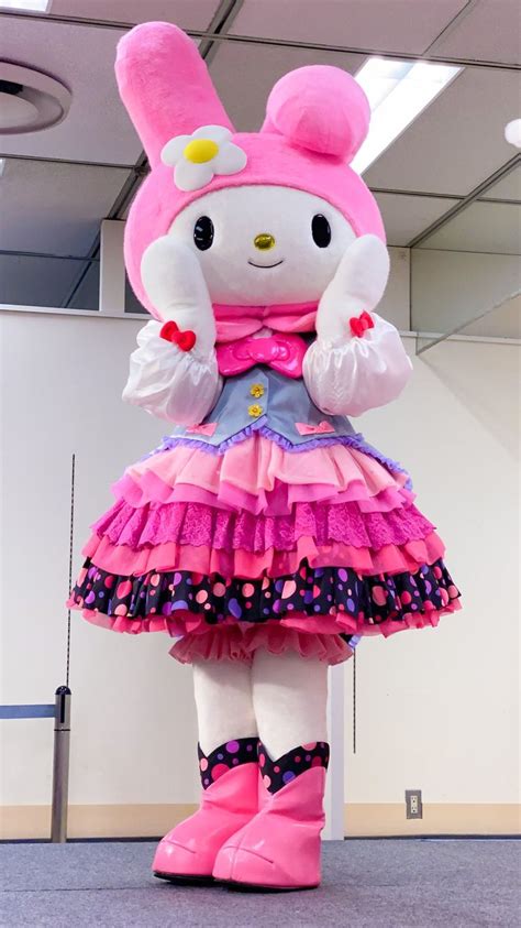 the hello kitty mascot is dressed up in pink and purple dress, with her hands on her head