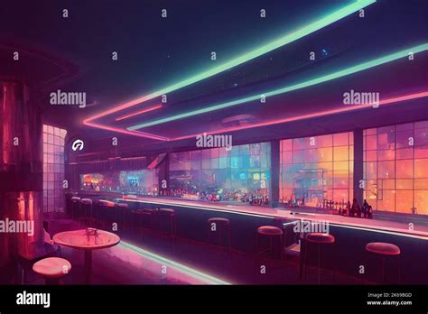 Bar Stools , cyberpunk BAR in Cyberpunk city. Neons, cybercity background, opposite colors. Neon ...