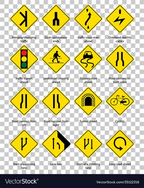 Set yellow traffic warning sign on transparent Vector Image